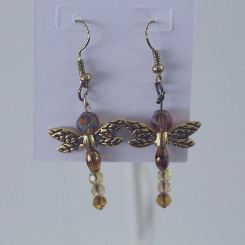 Goldtone Dragonfly Glass Beaded Drop Earrings.